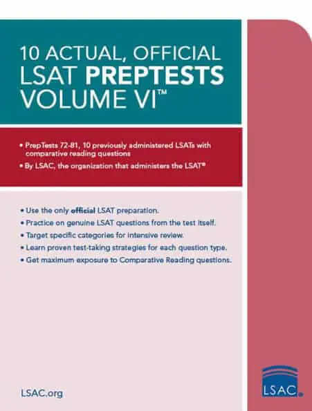 A book cover image of a fantastic LSAT prep book called 10 Actual, Official LSAT PrepTests Volume VI: (PrepTests 72–81)